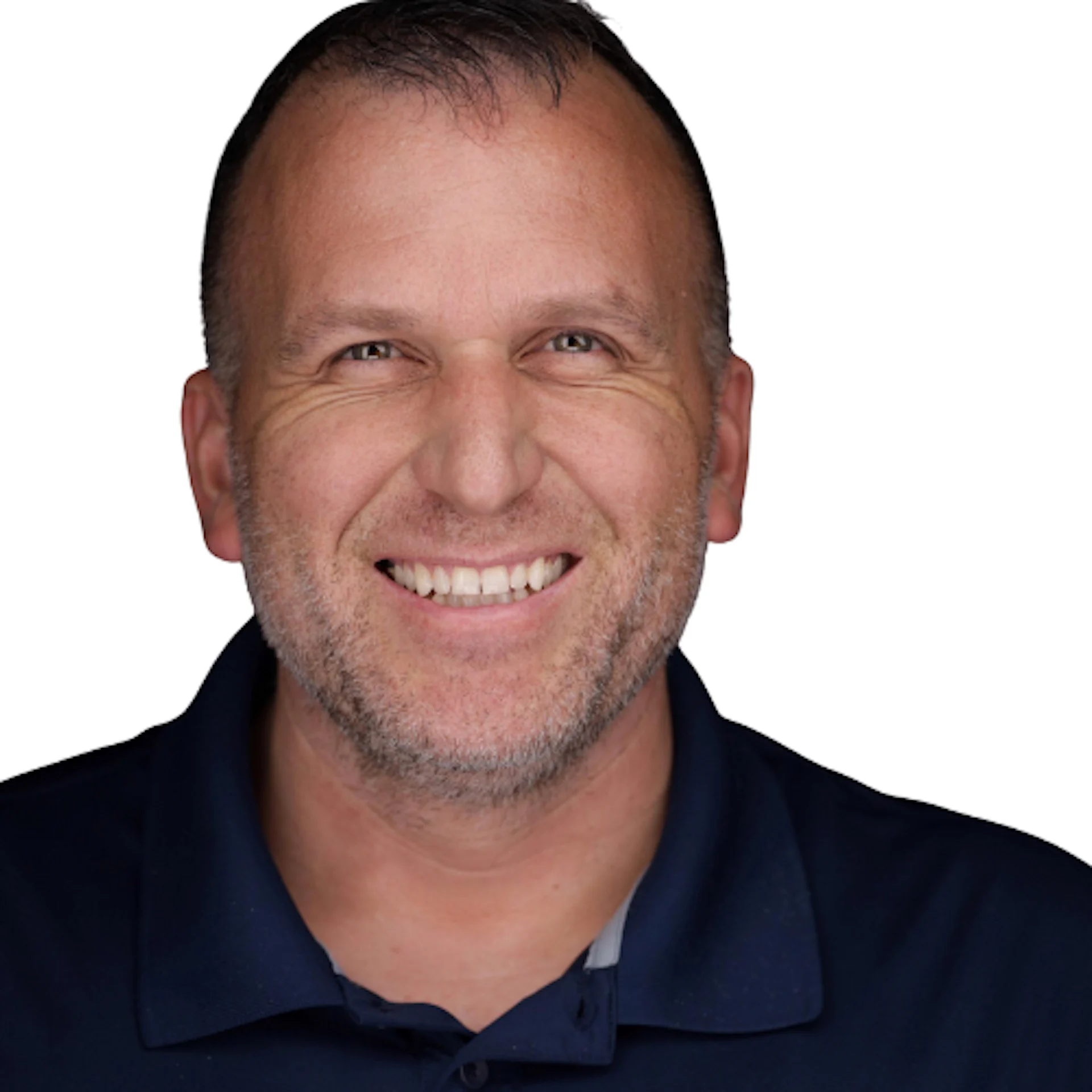 Bryan Engel, headshot photographer and owner of 101 Headshots, smiling in a navy polo